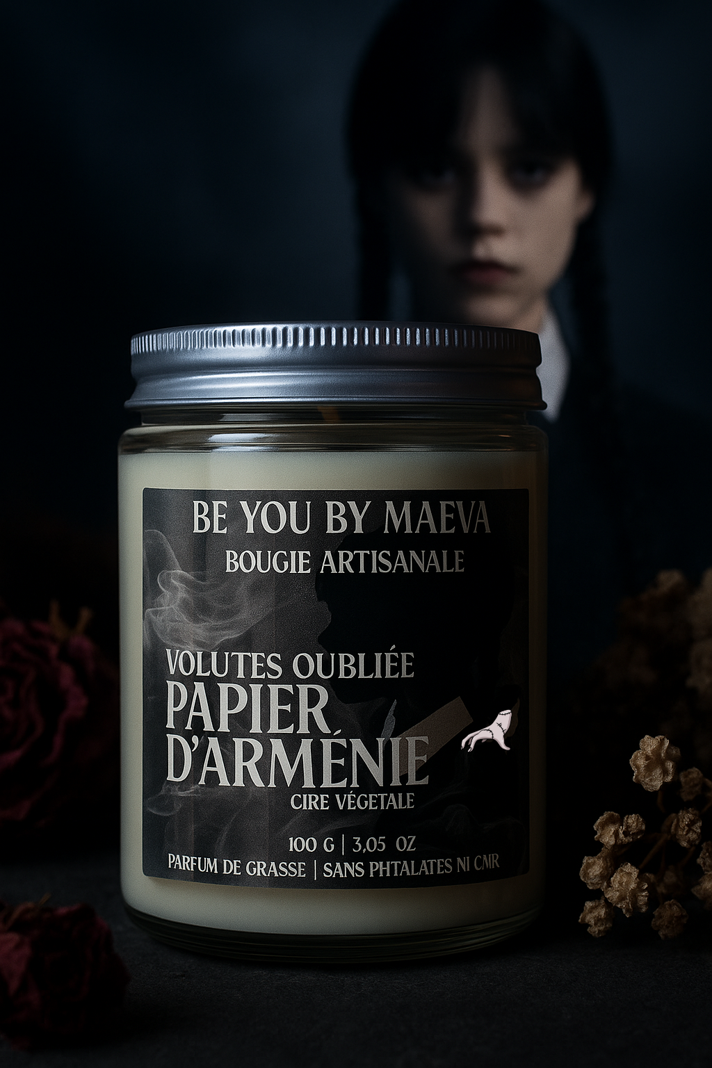 Bougie Parfumée Papier d'Arménie – Pot avec couvercle – Inspiré par "Mercredi addams" - 100g