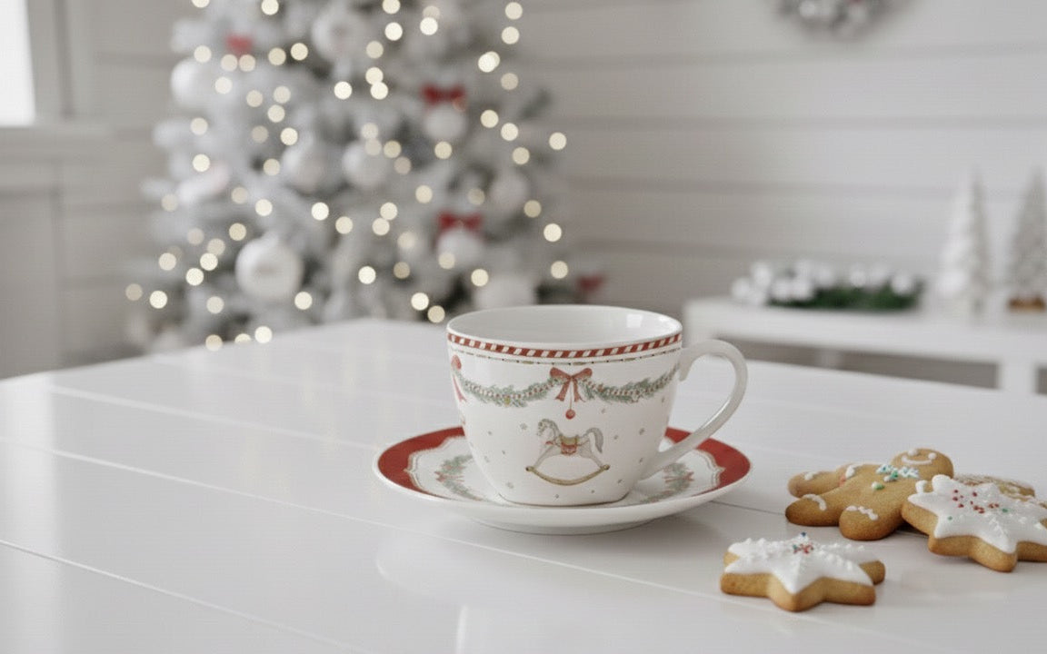 Tasse de Noël "Douceur Enchantée" – Avec Soucoupe & Cuillère – Porcelaine - 250 ml