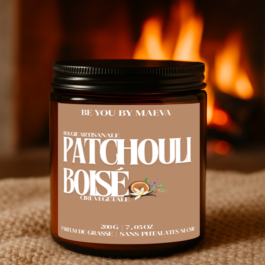 Bougie Parfumée Patchouli Boisé – Pot Ambré – 100g ou 200g