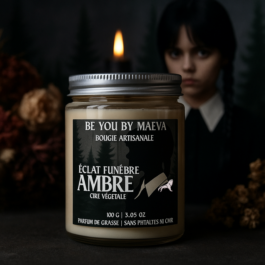 Bougie Parfumée Ambre – Pot avec couvercle – Inspiré par "Mercredi addams" - 100g