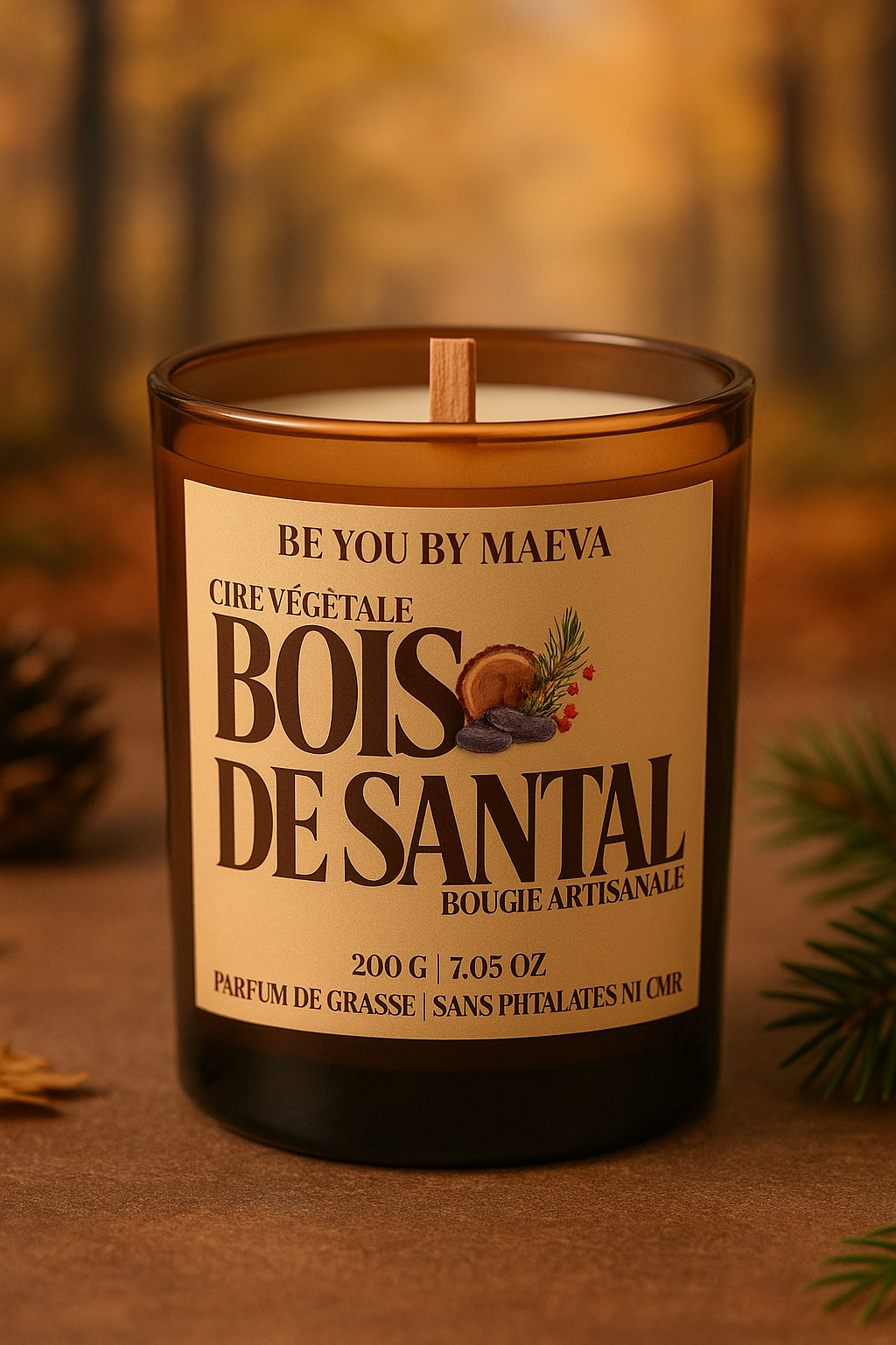 Bougie Parfumée Bois de Santal – Pot Ambré– 200g
