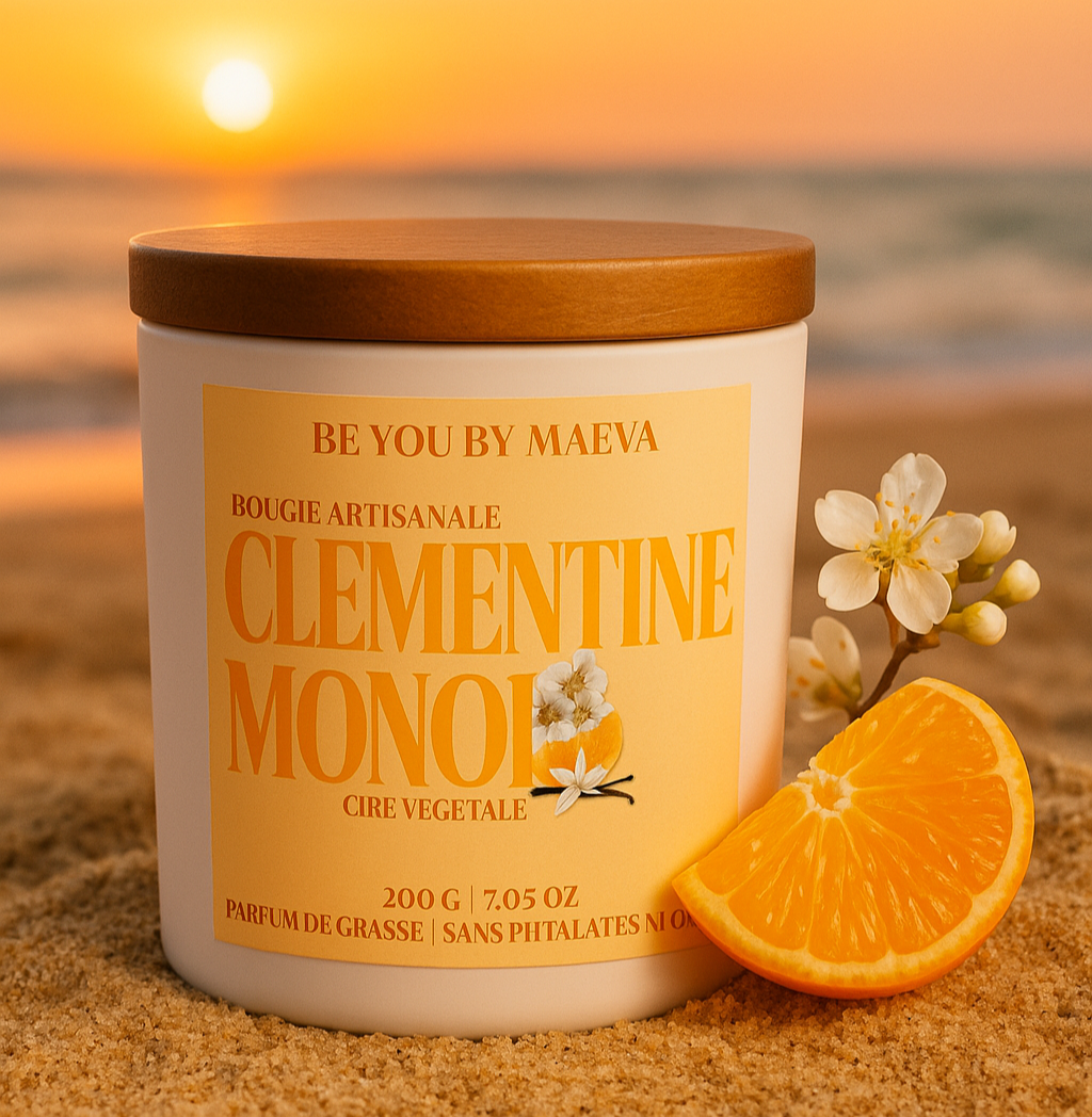 Bougie Parfumée Clémentine Monoï – Pot Blanc avec ou sans couvercle – 200g