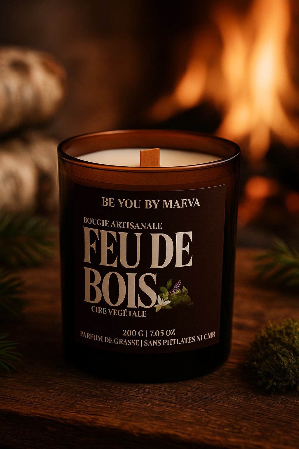 Bougie Parfumée Feu de bois – Pot Ambré – 200g