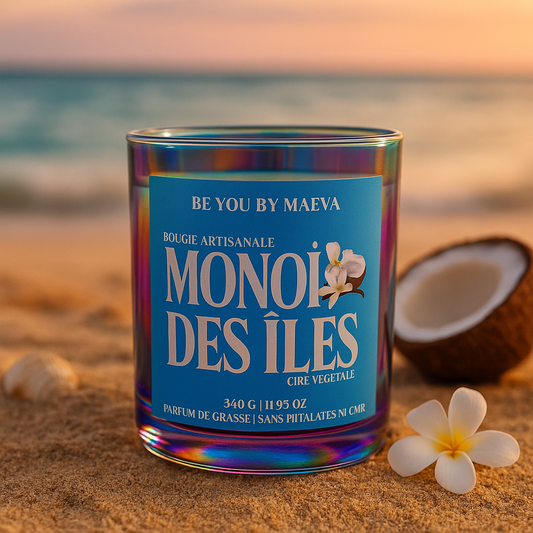 Bougie Parfumée Monoï des Îles – Pot Irisé aux Reflets – 340g