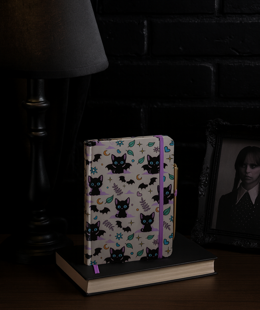 Carnet de notes A5 avec son stylo améthyste  - Chat Noir Mignon et Effrayant