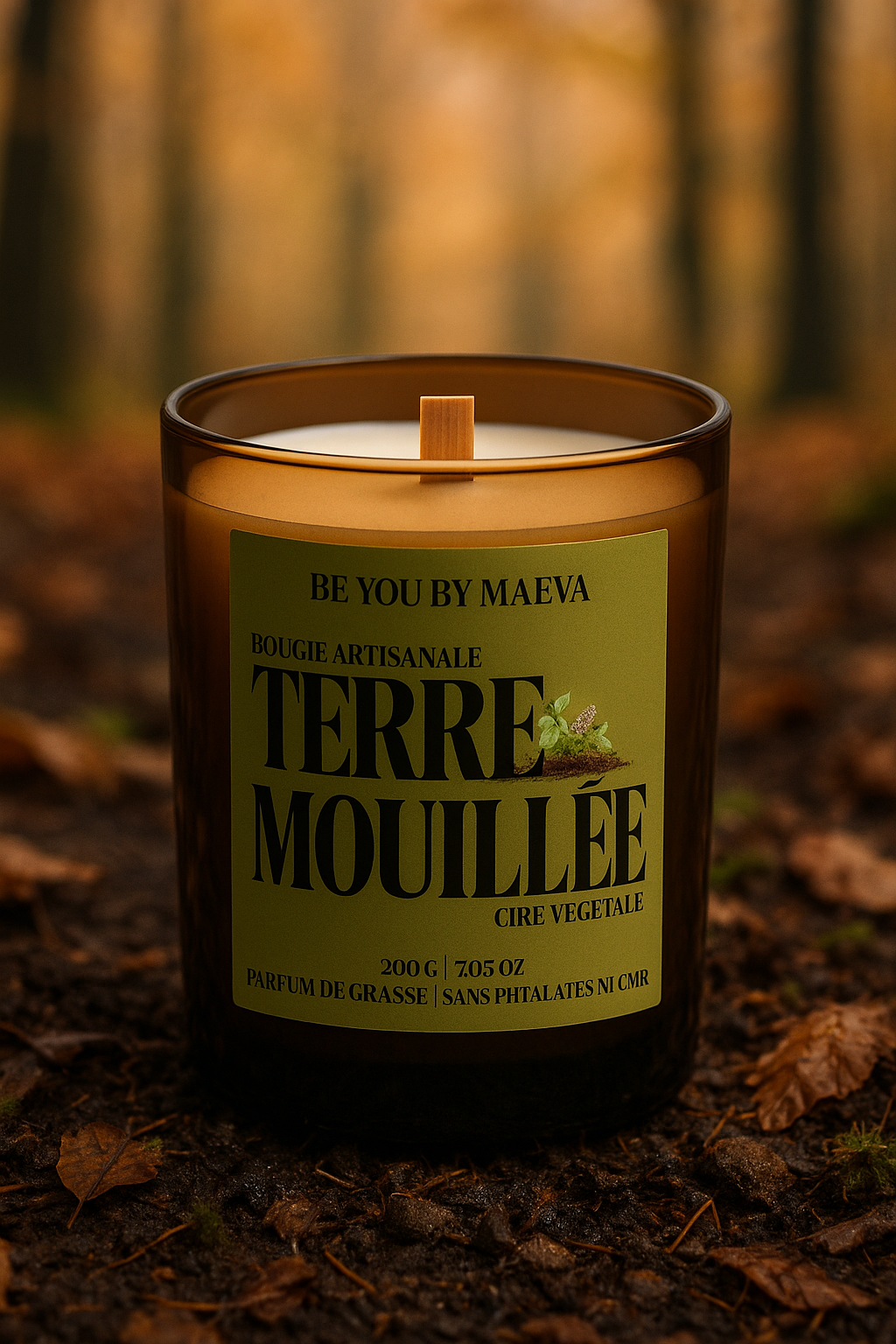 Bougie Parfumée Terre mouillée – Pot Ambré – 200g