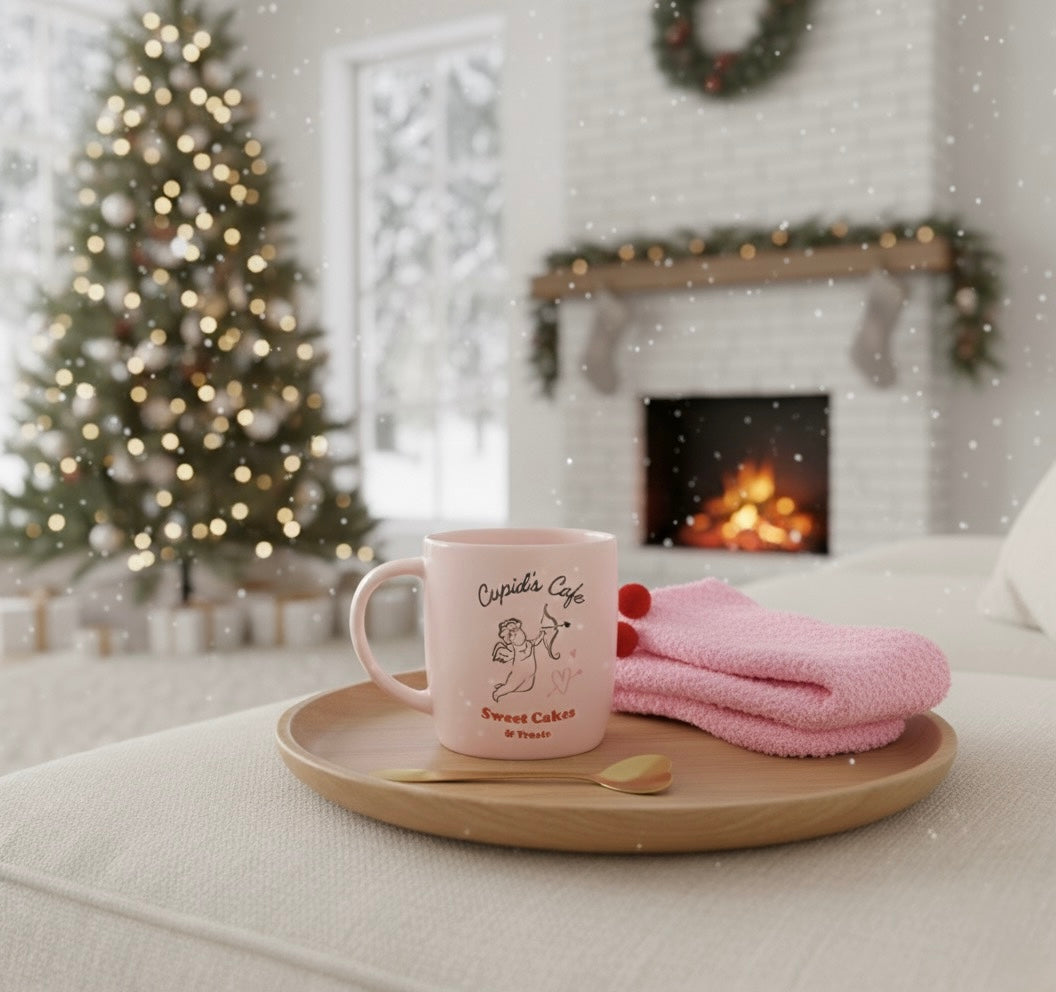 Coffret Cocooning “Cupid’s Café” – Tasse, Chaussettes & Cuillère Dorée –  350ml