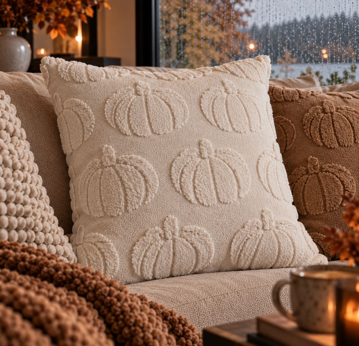 Housse de Coussin Blanche à Motif Citrouilles en Relief – 45 × 45 cm - PRÉCOMMANDE