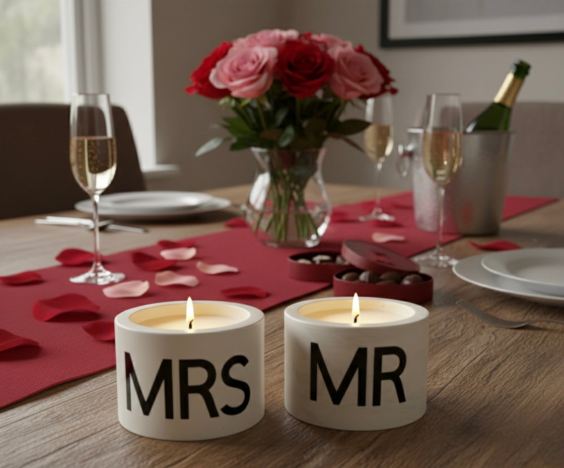 Bougie Artisanale - Duo de Bougies Signature "Mr & Mrs" – Élégance - Sans CMR ni Phtalates - ÉDITION LIGHT ROMANCE