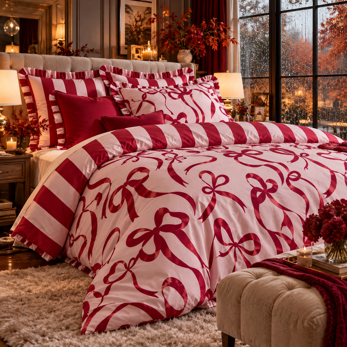 Parure de lit réversible rose poudré – Motif nœuds et rayures rouges et roses – Plusieurs dimensions - PRÉCOMMANDE