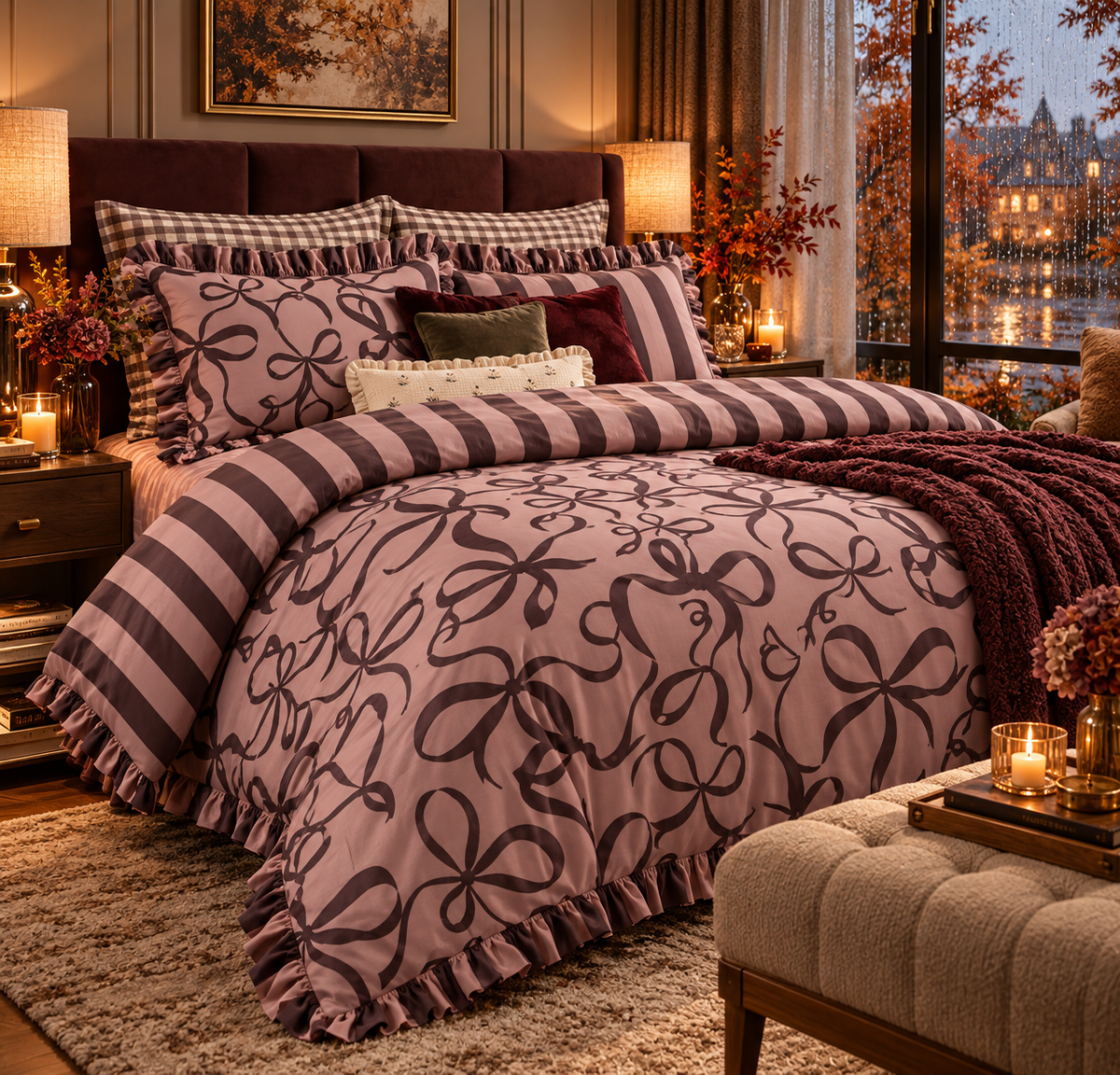 Parure de lit réversible moka – Motif nœuds et rayures violet et moka – Plusieurs dimensions - PRÉCOMMANDE
