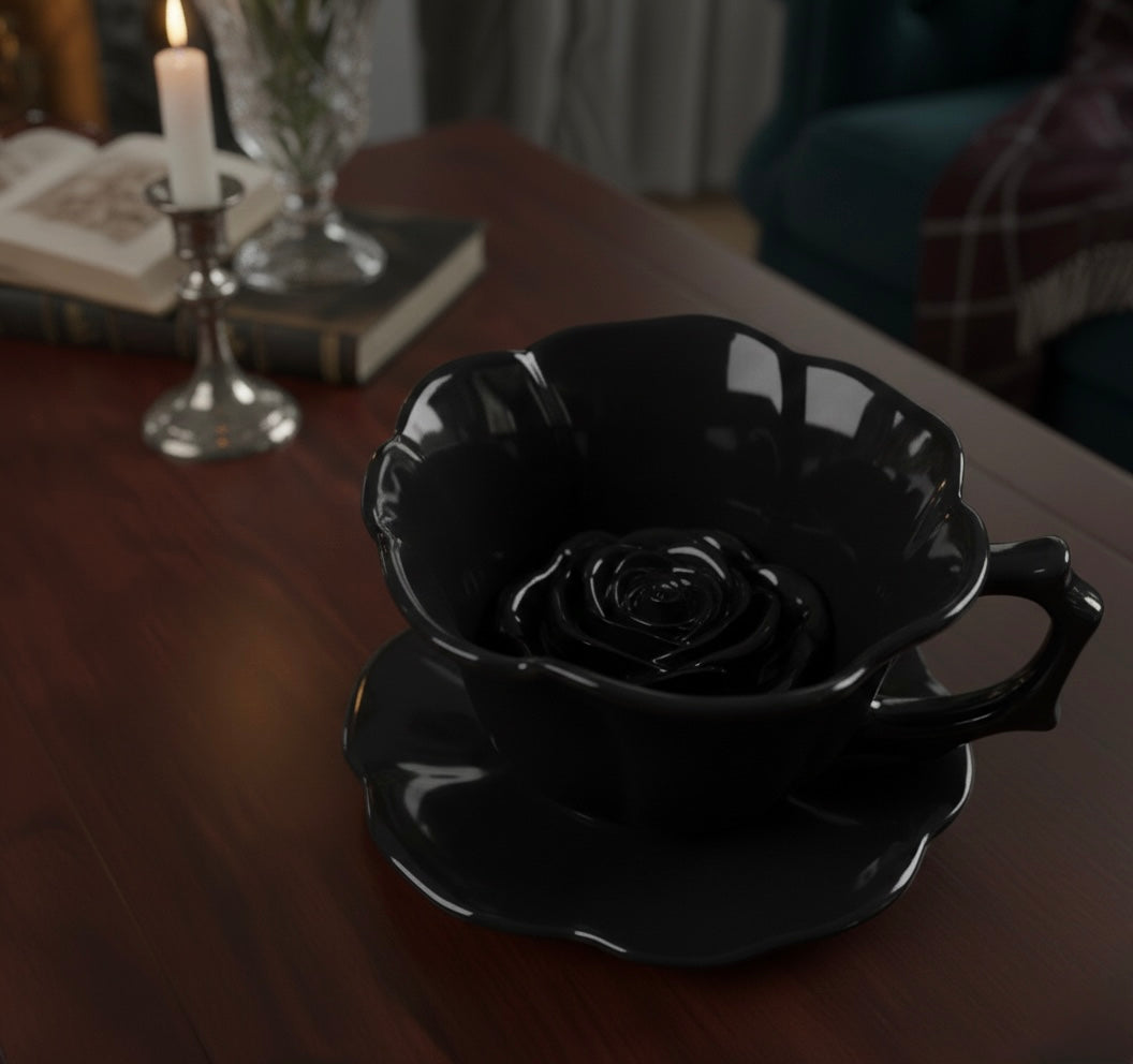 Tasse & Soucoupe “Secret Garden Noir” – L’élégance sombre de vos lectures nocturnes | 250ml
