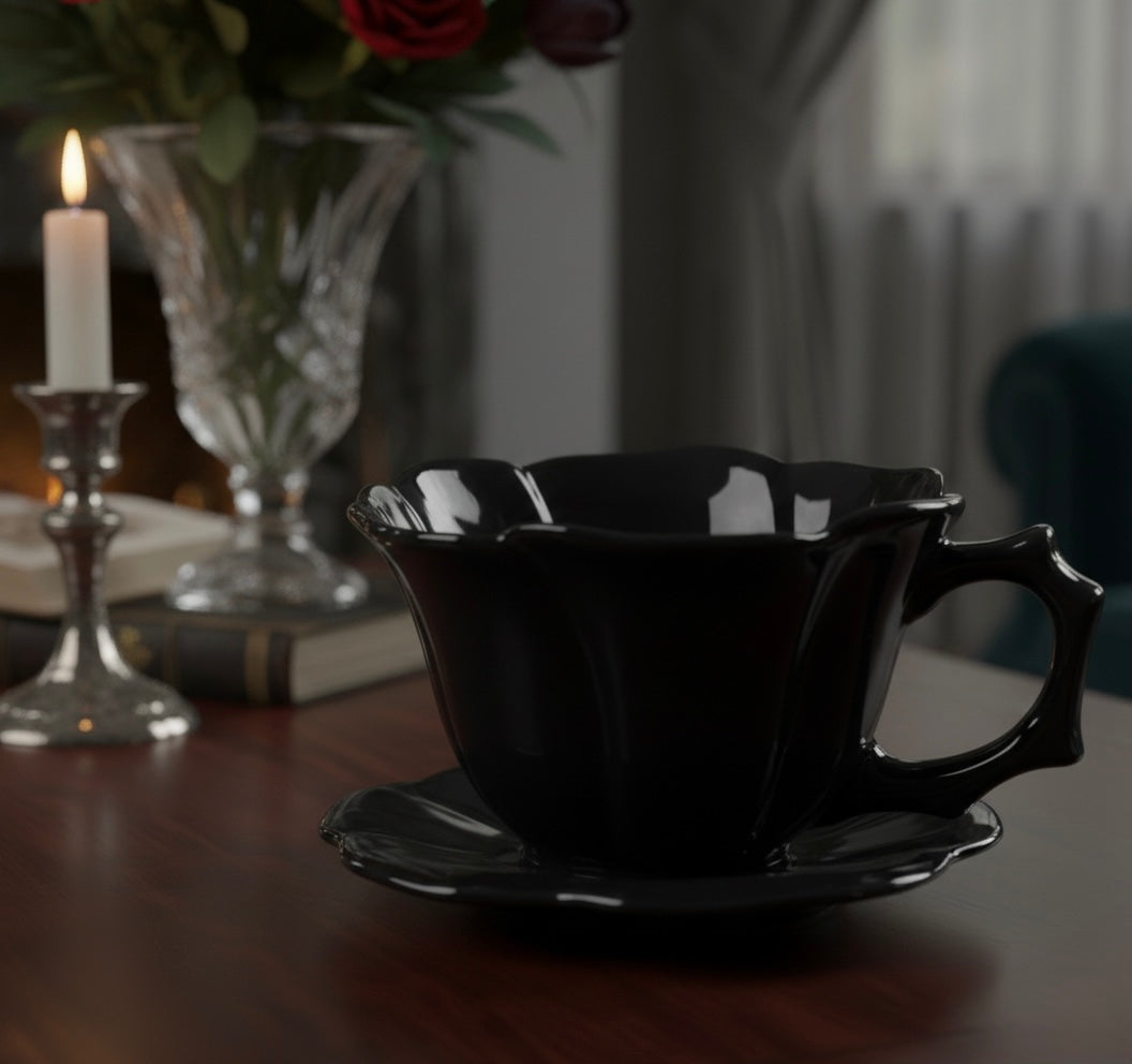 Tasse & Soucoupe “Secret Garden Noir” – L’élégance sombre de vos lectures nocturnes | 250ml