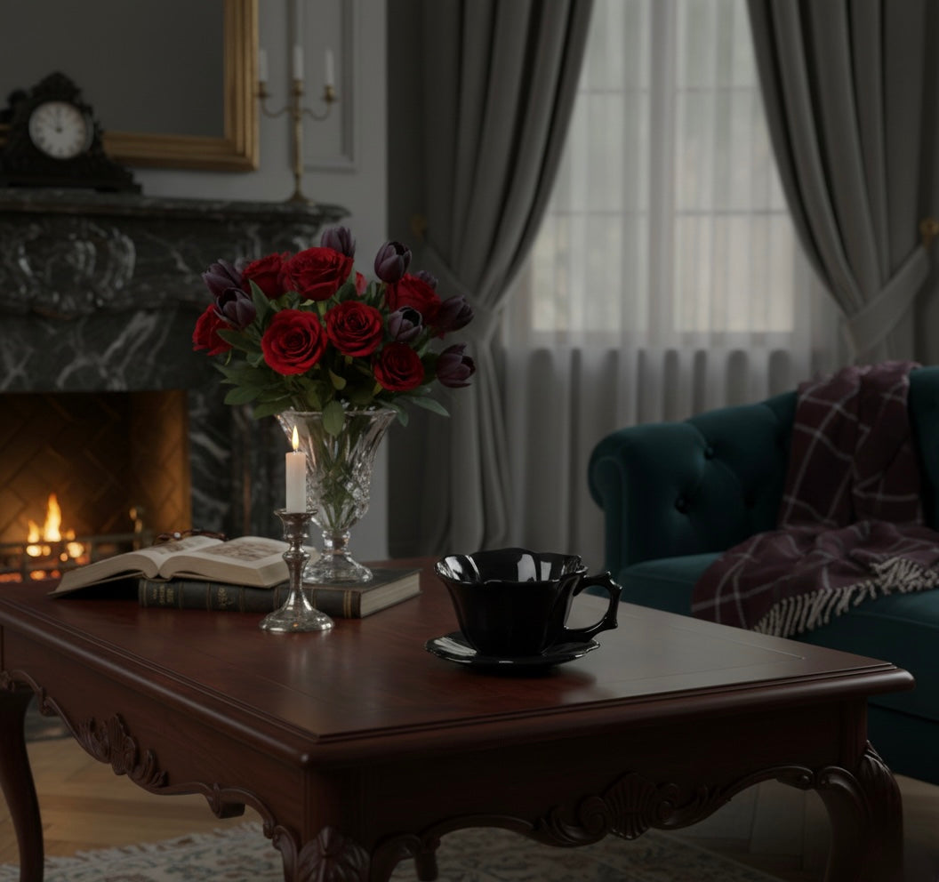 Tasse & Soucoupe “Secret Garden Noir” – L’élégance sombre de vos lectures nocturnes | 250ml