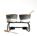 Service à Fondue douche en Céramique 19 x 13 cm – Blanc & Bleu Marine avec 2 Fourchettes - PRÉCOMMANDE