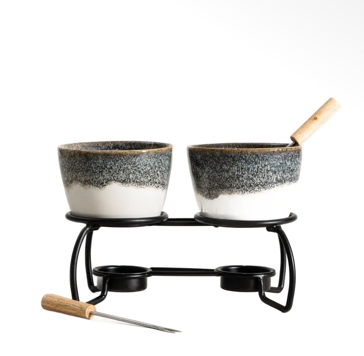 Service à Fondue douche en Céramique 19 x 13 cm – Blanc & Bleu Marine avec 2 Fourchettes - PRÉCOMMANDE