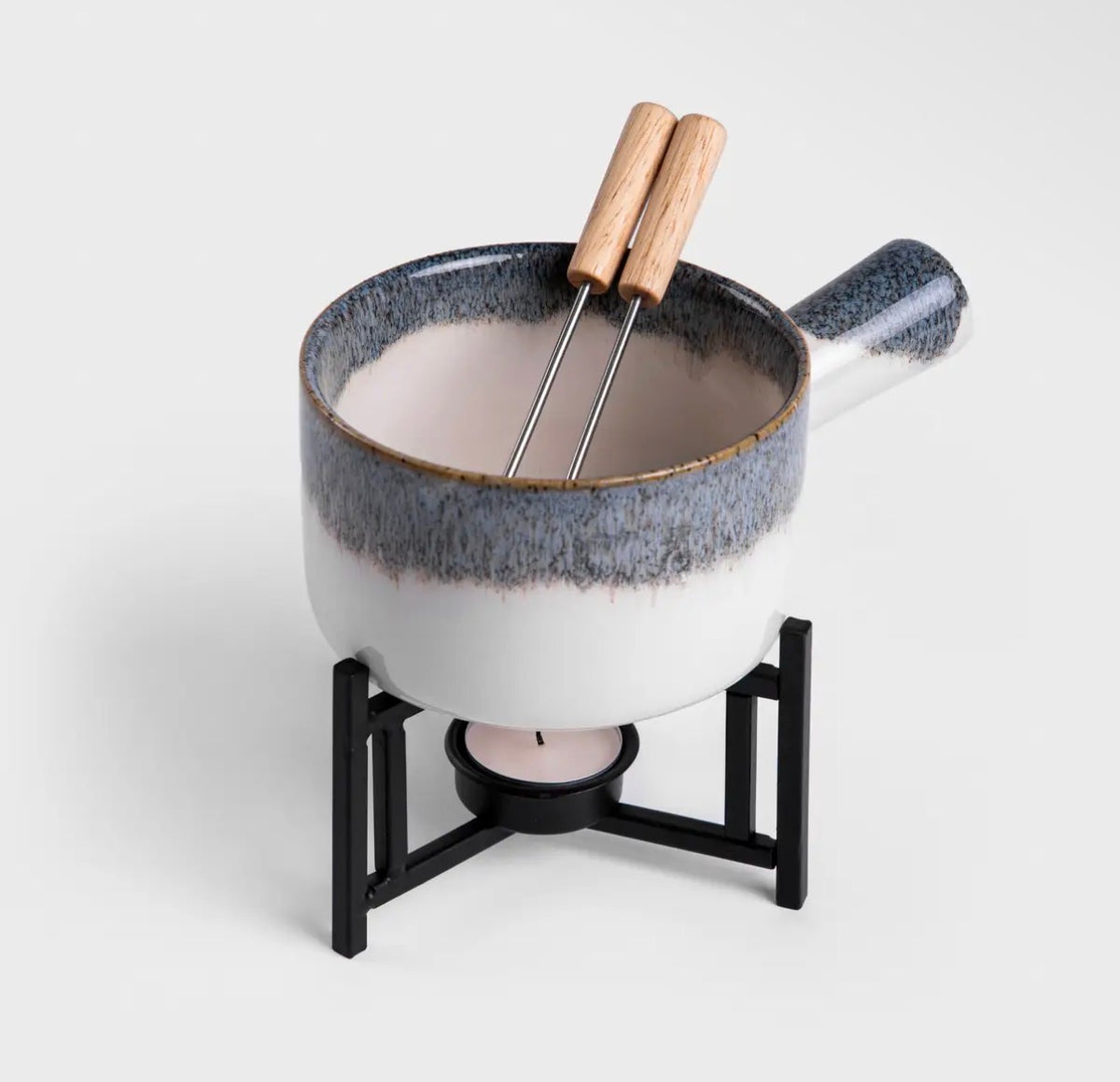 Service à Fondue en Céramique 0,5 L – Blanc & Bleu Marine avec 2 Fourchettes - PRÉCOMMANDE