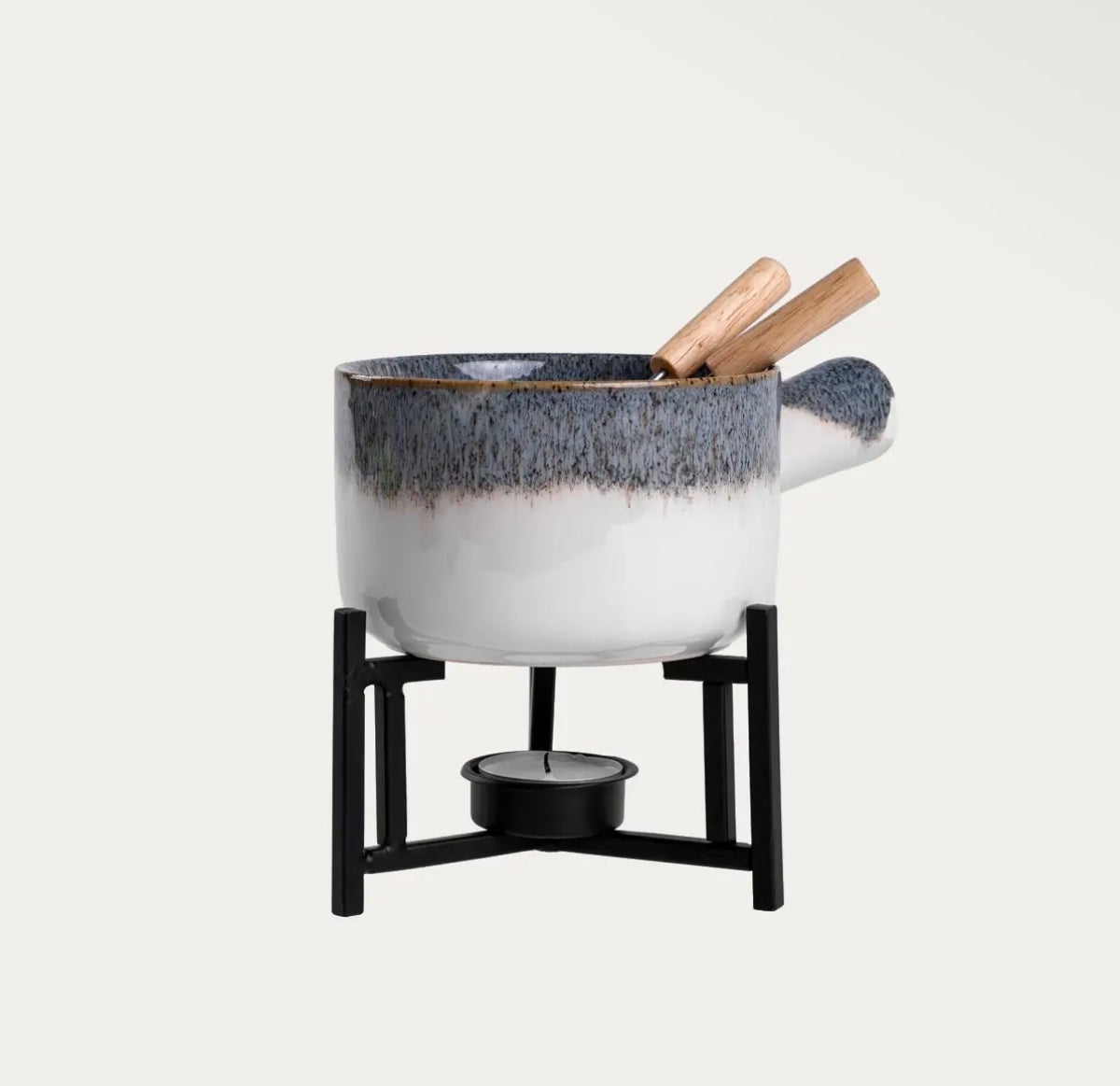 Service à Fondue en Céramique 0,5 L – Blanc & Bleu Marine avec 2 Fourchettes - PRÉCOMMANDE