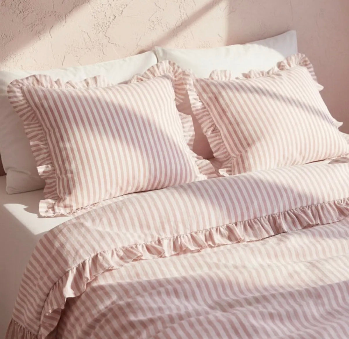 Parure de lit en coton de 110 g/m²– rayures couleur rose et blanche – 140 x 200 cm - PRÉCOMMANDE