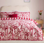 Parure de lit réversible rose poudré – Motif nœuds et rayures rouges et roses – Plusieurs dimensions - PRÉCOMMANDE