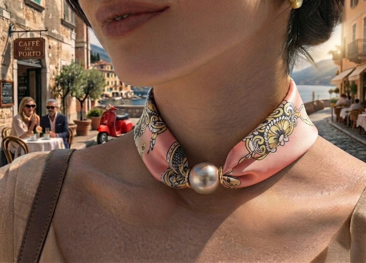 Foulard Ras-du-Cou « Riviera Rose » – Douceur Baroque & Féminité