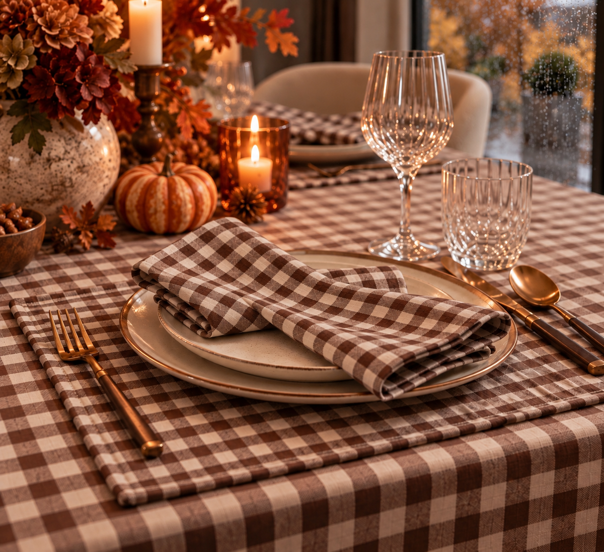 Lot de 2 Serviettes de Table en Coton à Carreaux Marron – 40 × 40 cm- PRÉCOMMANDE