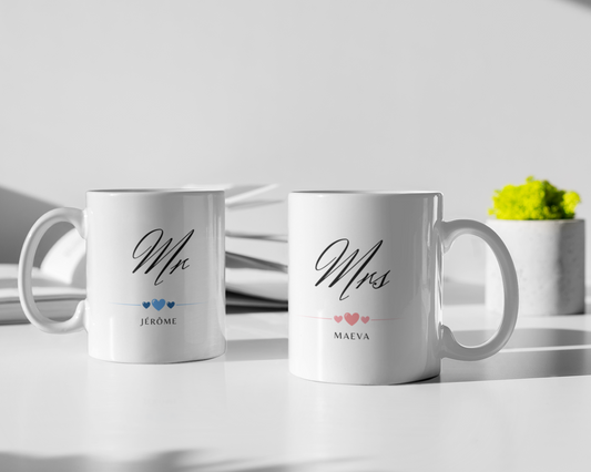 Mugs Mr & Mrs – Duo Élégant, personnaliser par mes soins, idée cadeau, pour les couples.