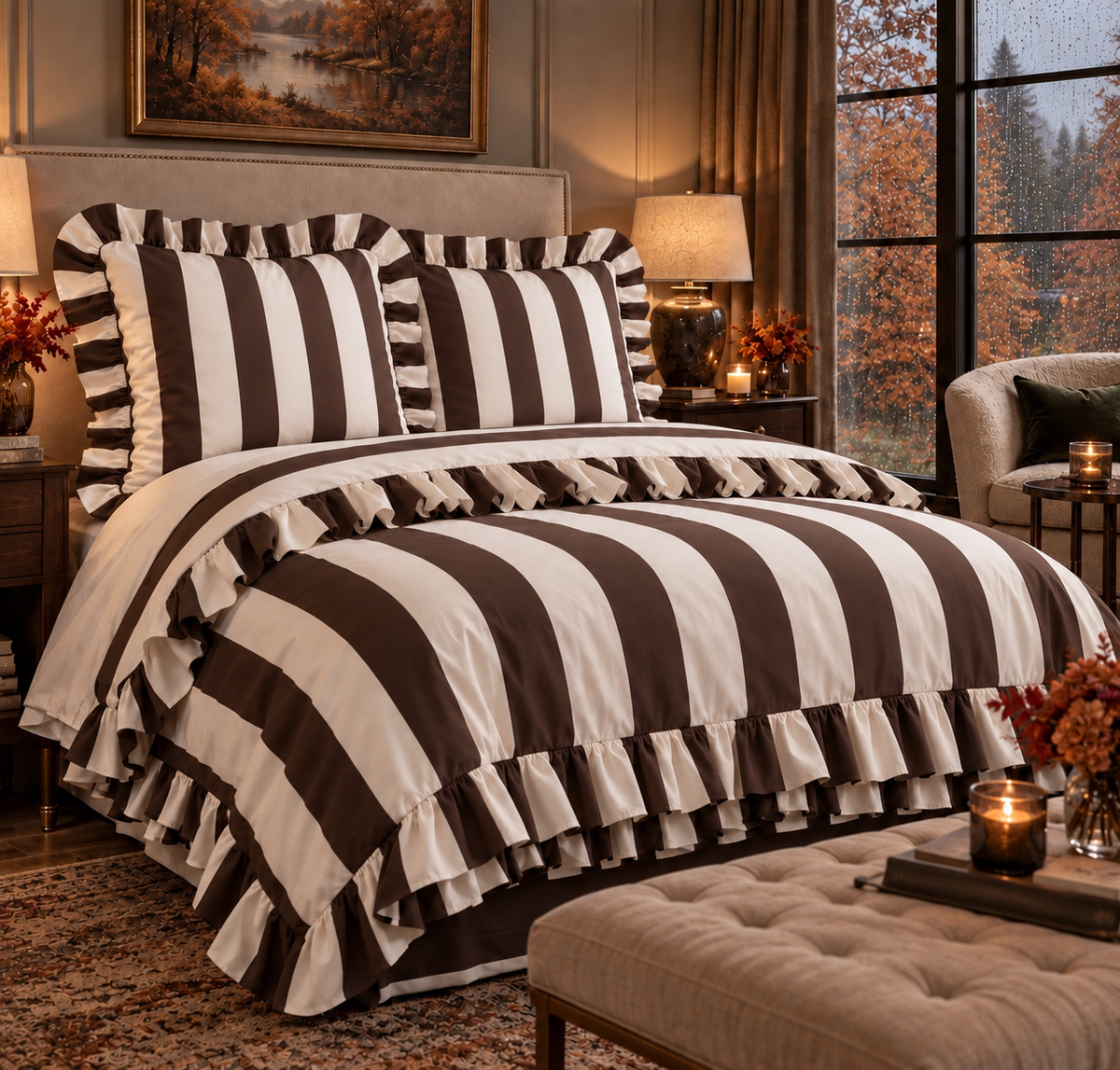 Parure de lit en microfibre polyester de 90 g/m²– Rayures marron et écru avec volant – 140 x 200 cm - PRÉCOMMANDE