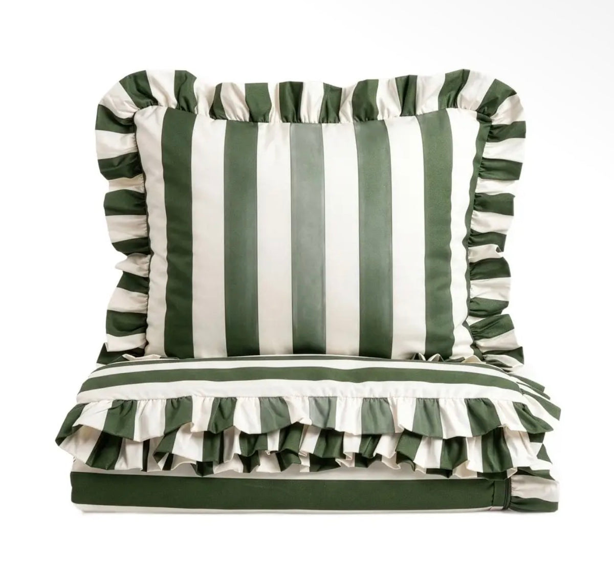 Parure de lit en microfibre polyester de 90 g/m²– Rayures olive et écru avec volant – 140 x 200 cm - PRÉCOMMANDE