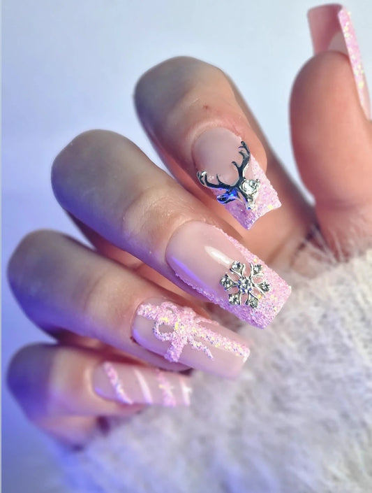 Faux-Ongles Réutilisables - Neige en rose - Édition Noël