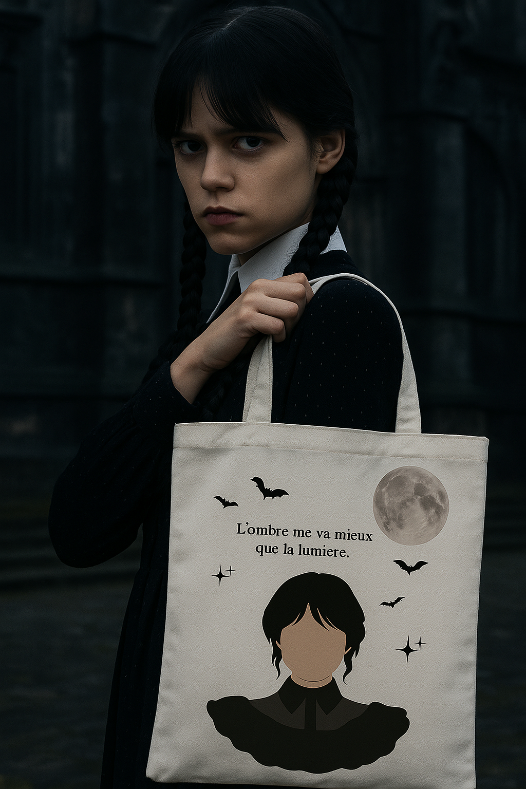 Tote Bags en toile et polyester - L'ombre me va mieux que la lumière - Sublimé à la main