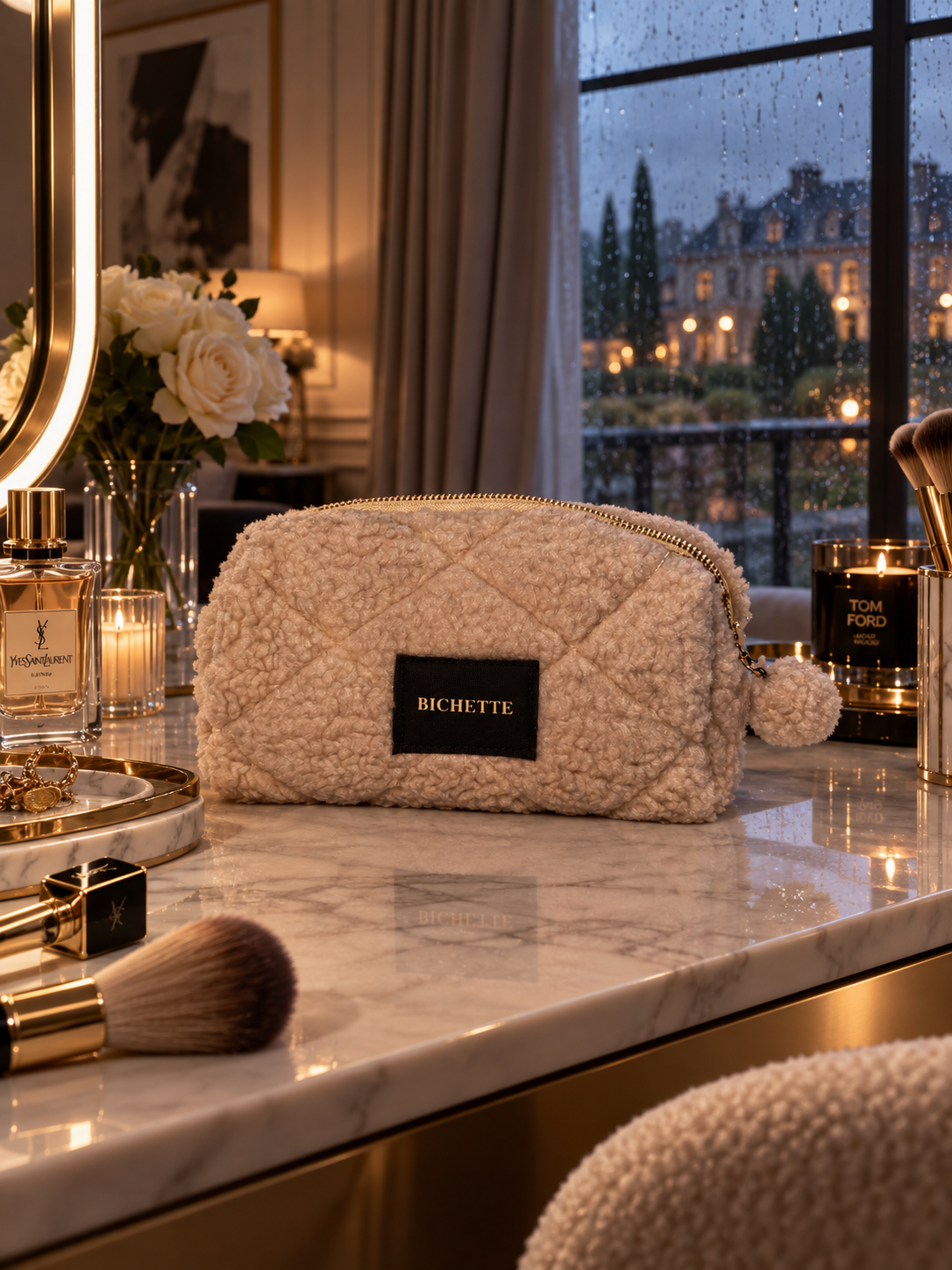 Trousse de Maquillage - " BICHETTE " - Fausse fourrure - Taupe
