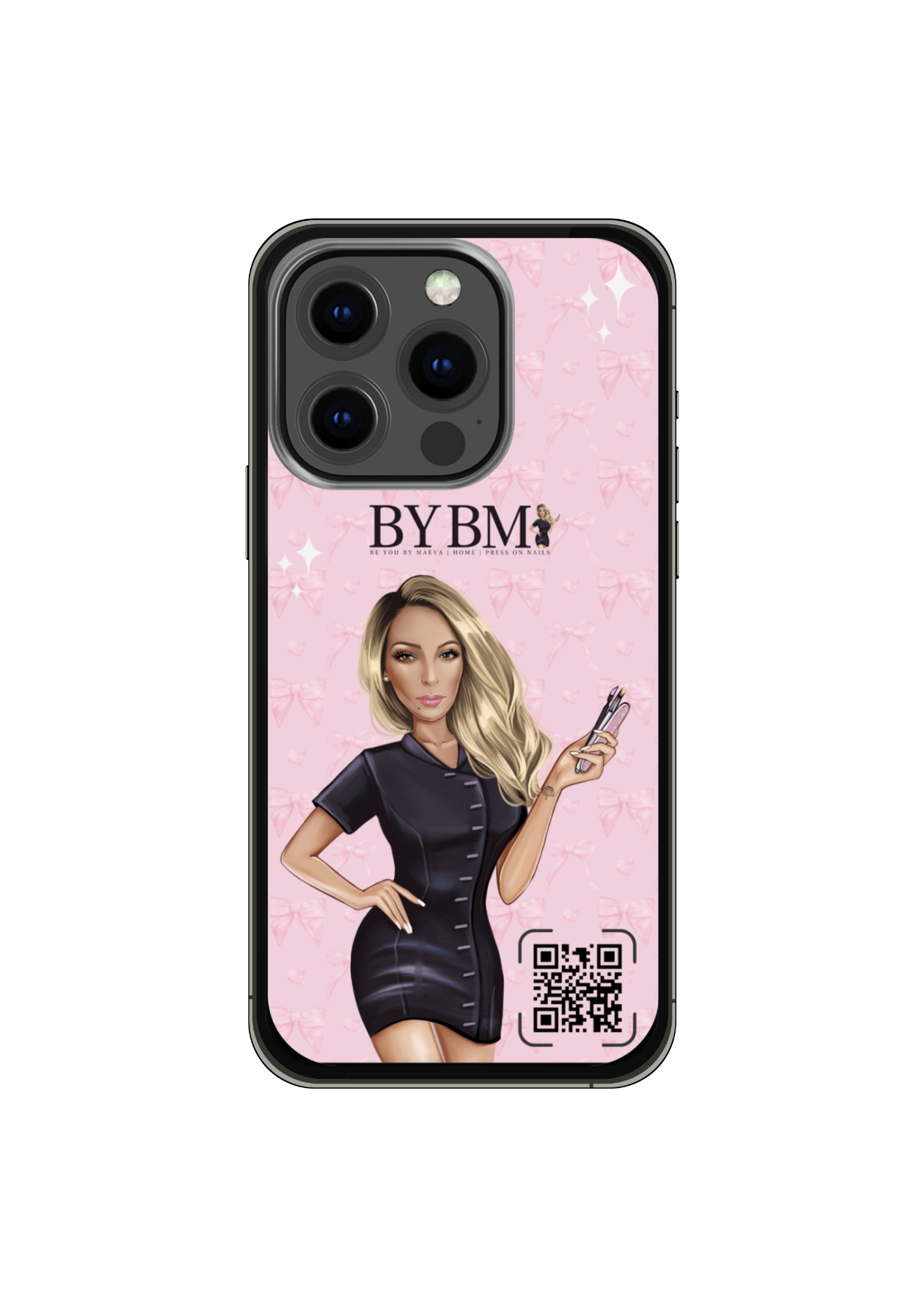 Coque de telephone avec QR code , contour noir, pour entreprise avec logo.