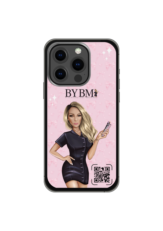 Coque de telephone avec QR code , contour noir, pour entreprise avec logo.